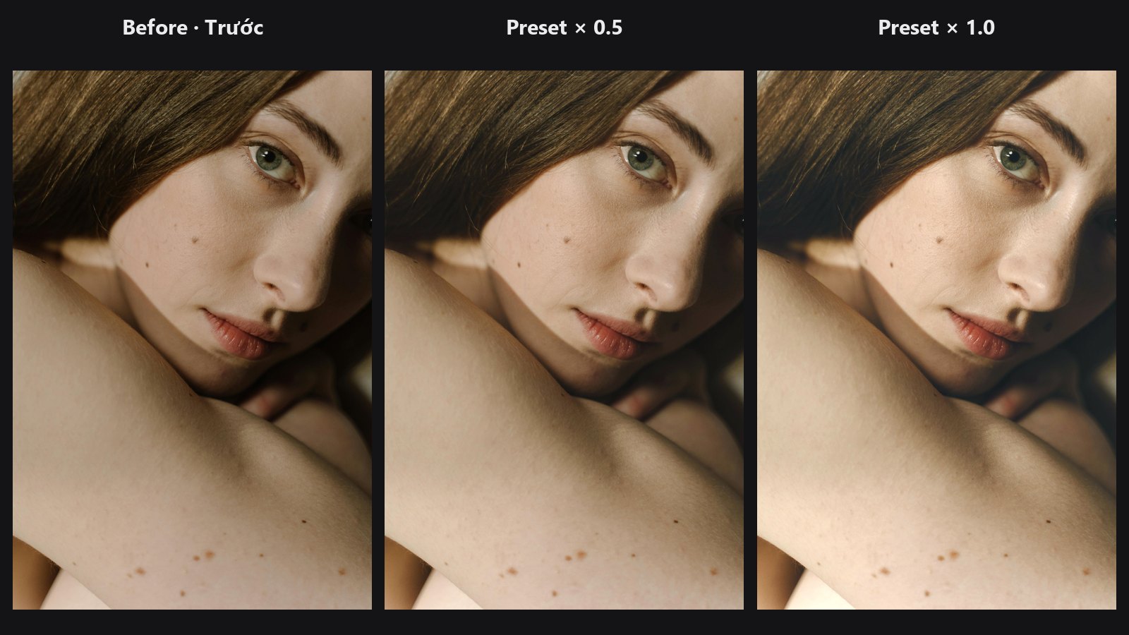 Apply ColorLab Preset — before, preset at 0.5 and preset at 1.0
