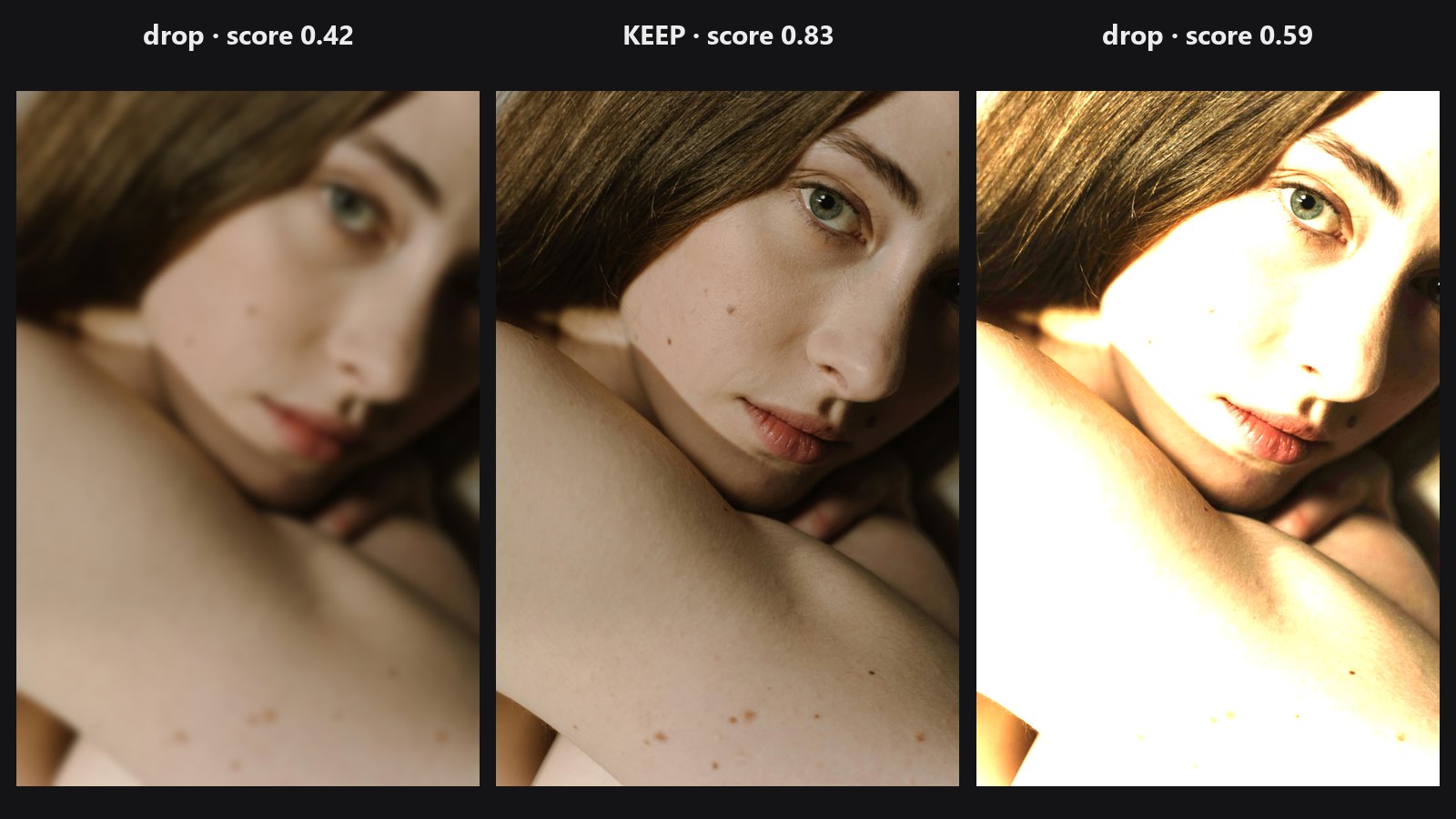 Cull Score — a batch with the sharp frame kept and the blurred and blown-out frames dropped