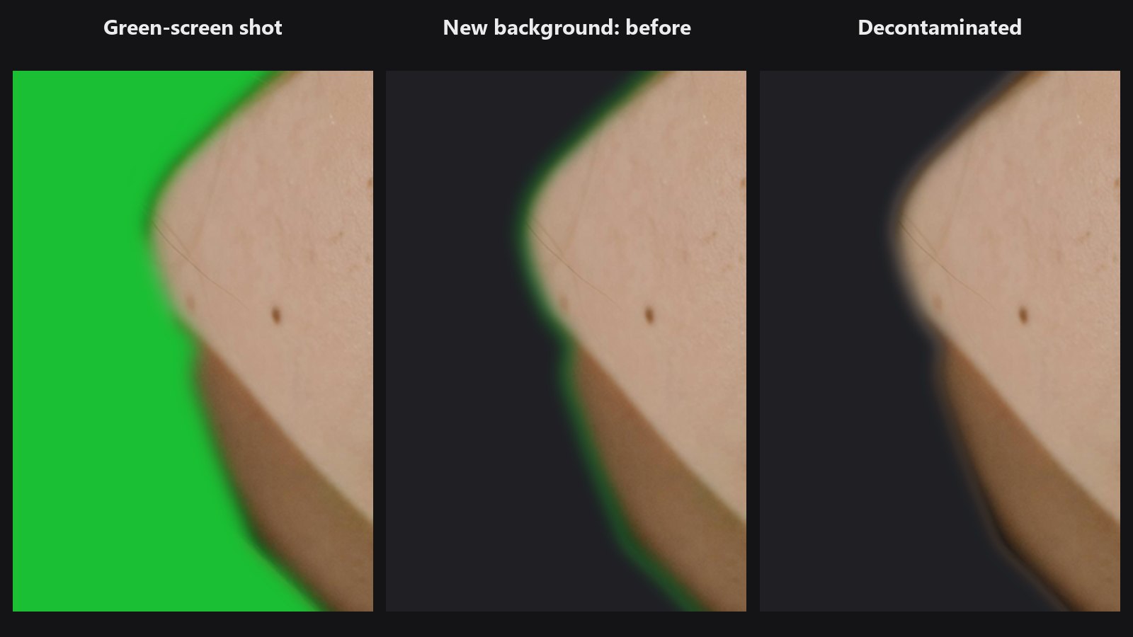 Decontaminate Colors — green-screen shot, on a new background before, decontaminated