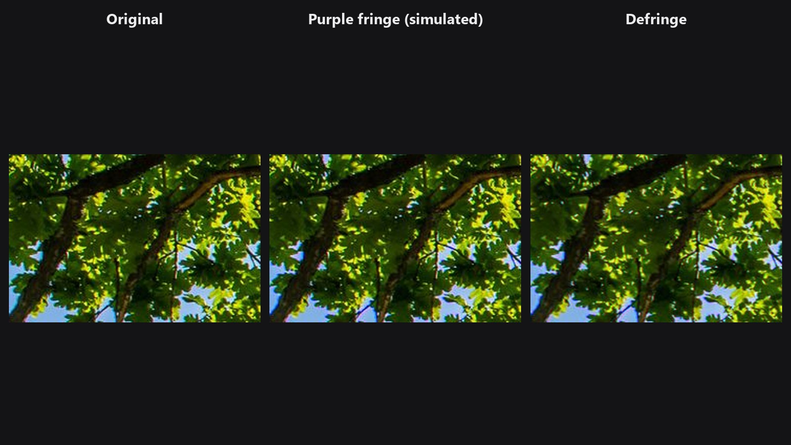Defringe — Original, Purple fringe (simulated), Defringe