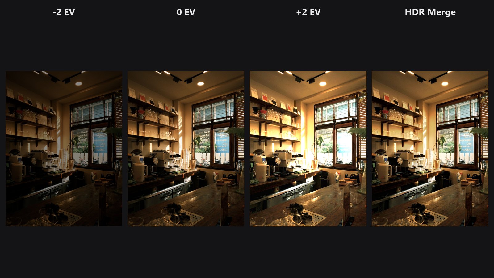 HDR Merge — three exposures and the merged result