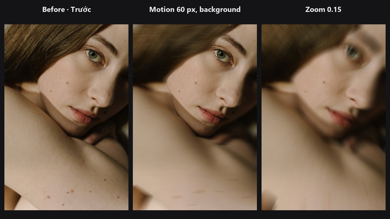 Motion / Zoom Blur — before, motion 60 px on the background only, zoom 0.15